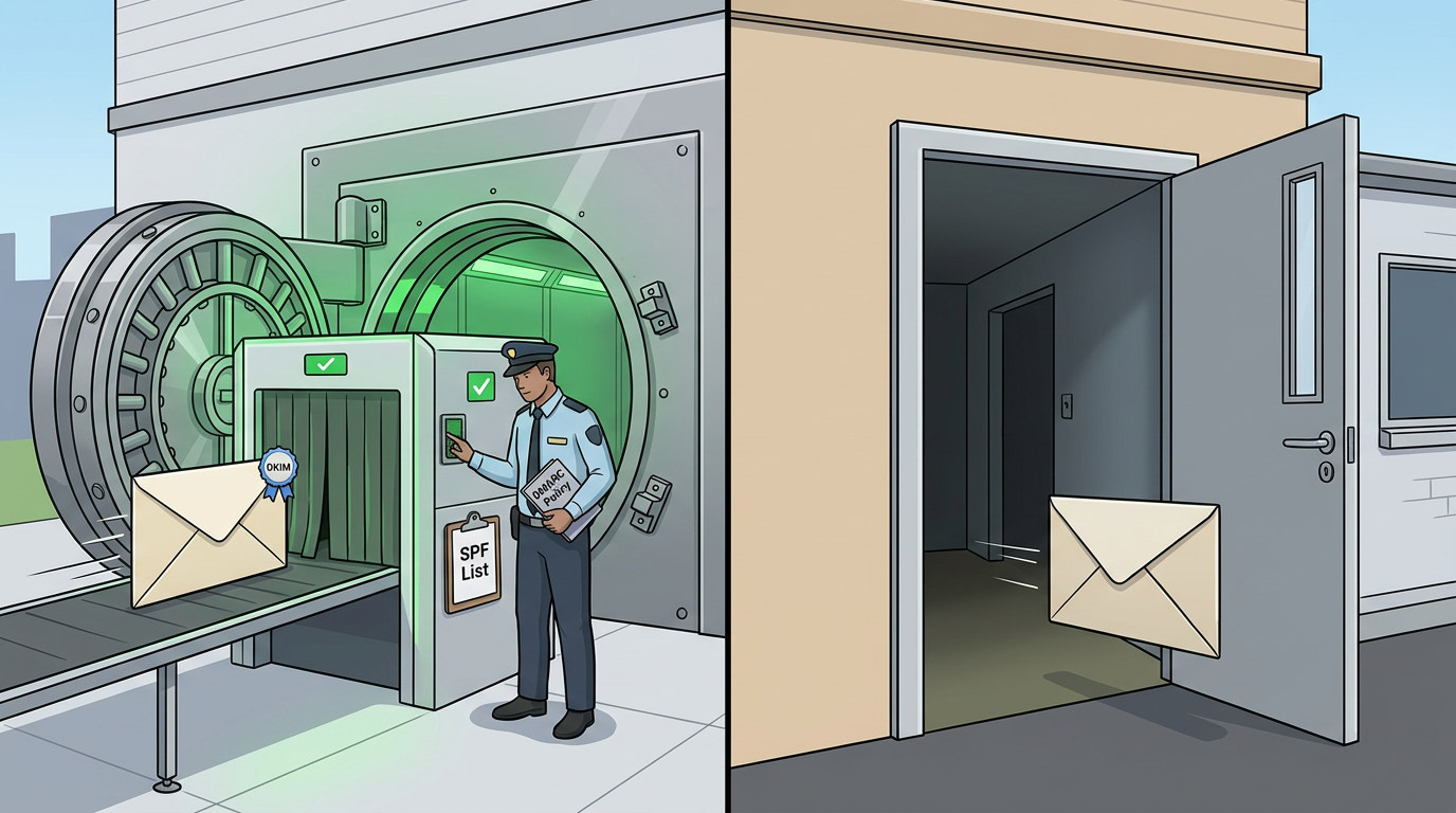 Email security infrastructure diagram showing the gap between inbound filtering and outbound identity