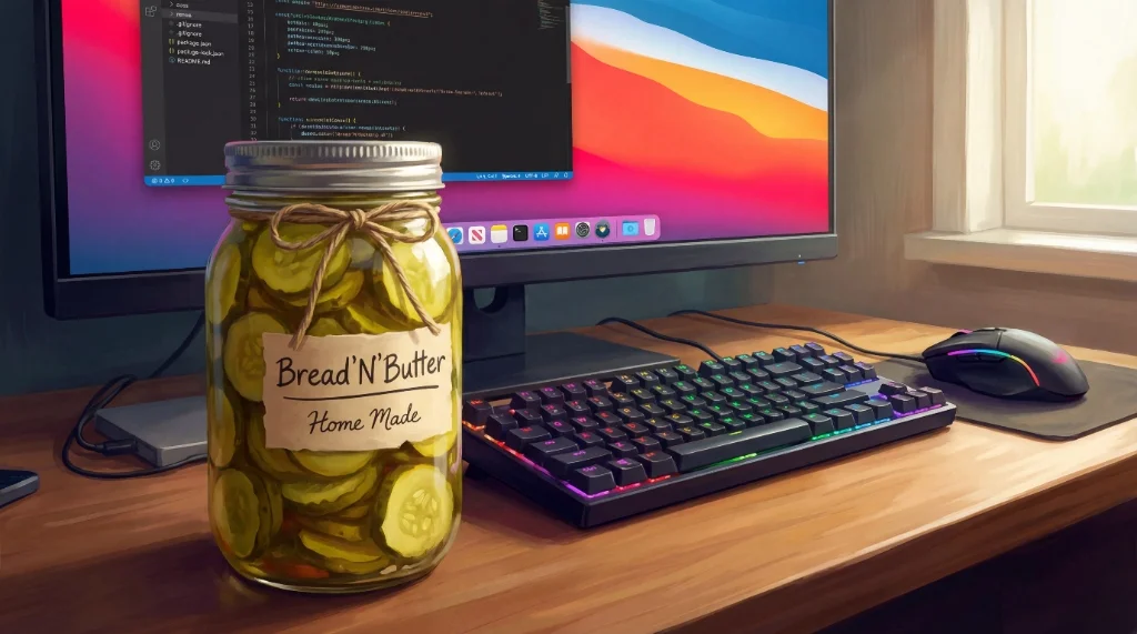 A jar of homemade Bread'n'Butter pickles sitting on a desk in front of a glowing monitor