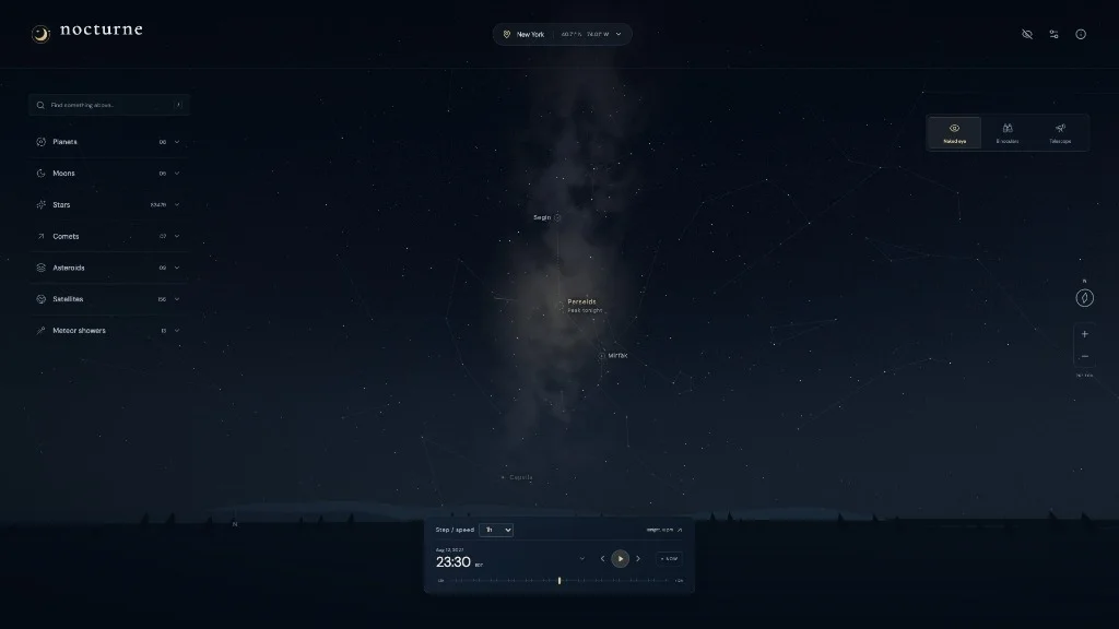 Nocturne Browser Planetarium showing the night sky, Milky Way, and Perseids meteor radiant